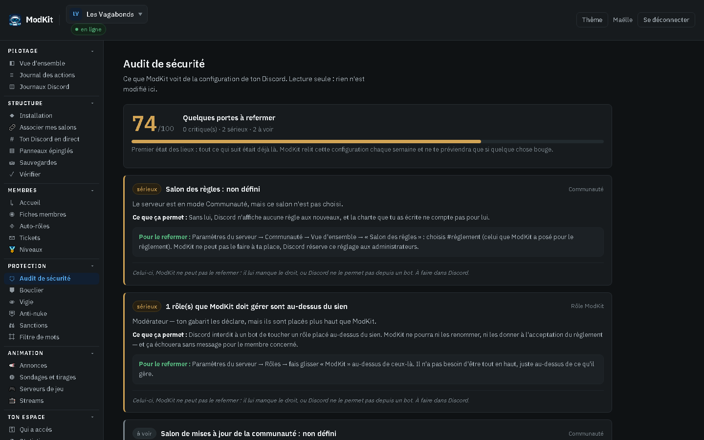 Panel ModKit — Audit de sécurité
