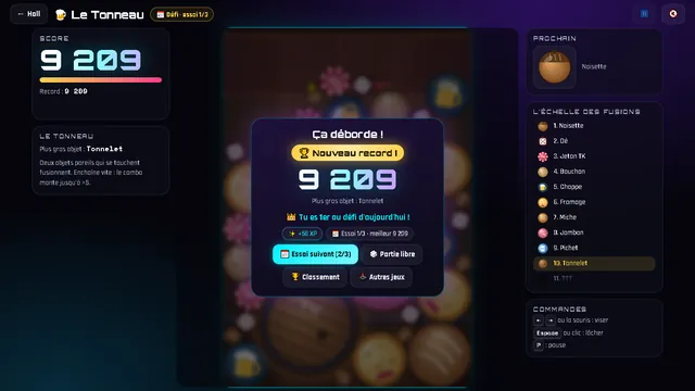 Fin d'une partie du Tonneau : nouveau record, premier au défi du jour, plus 58 XP