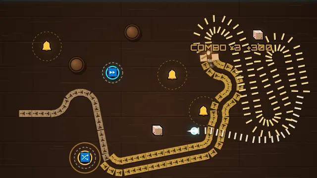 La Cascade : une ligne de dominos qui serpente sur la table, des cloches, des caisses et deux bonus, Turbo et Doublette
