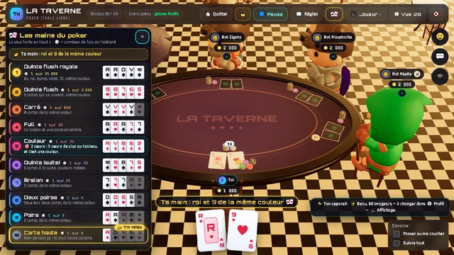 Le poker : le tableau « Les mains », ta main du moment allumée en or