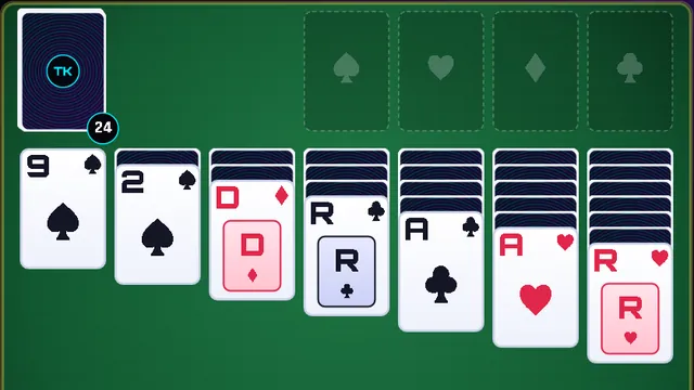 Le Solitaire : la pioche, les quatre places des couleurs et les sept colonnes sur le tapis vert