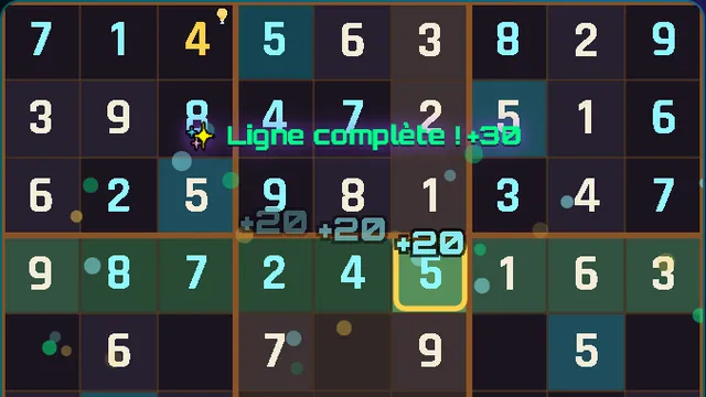 Le Sudoku : une ligne de la grille s'allume en vert, « Ligne complète ! +30 »